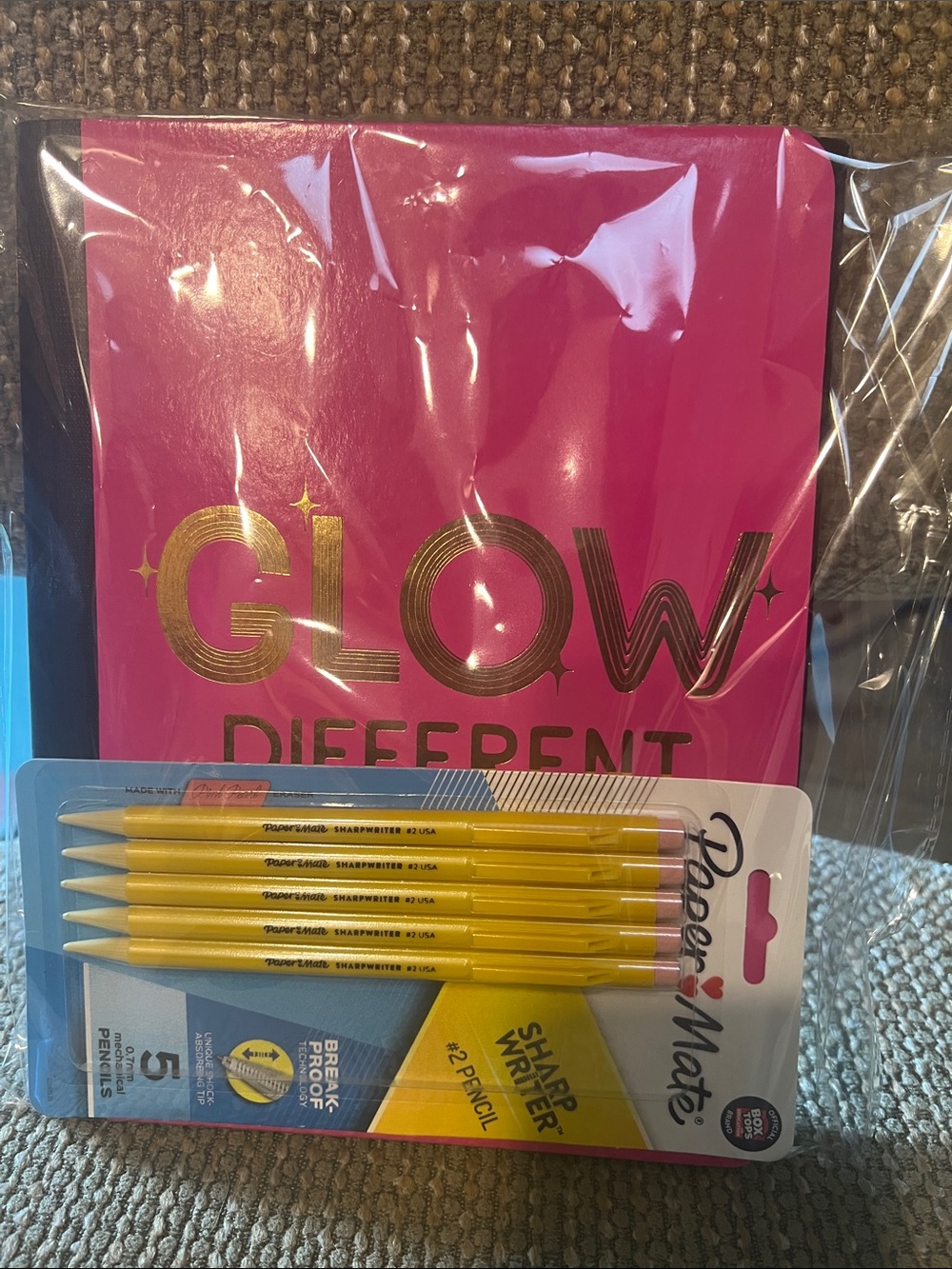 #2796**Pink "GLOW" Notebook W/Yellow Paper Mate Pencils & Teal green notebook
